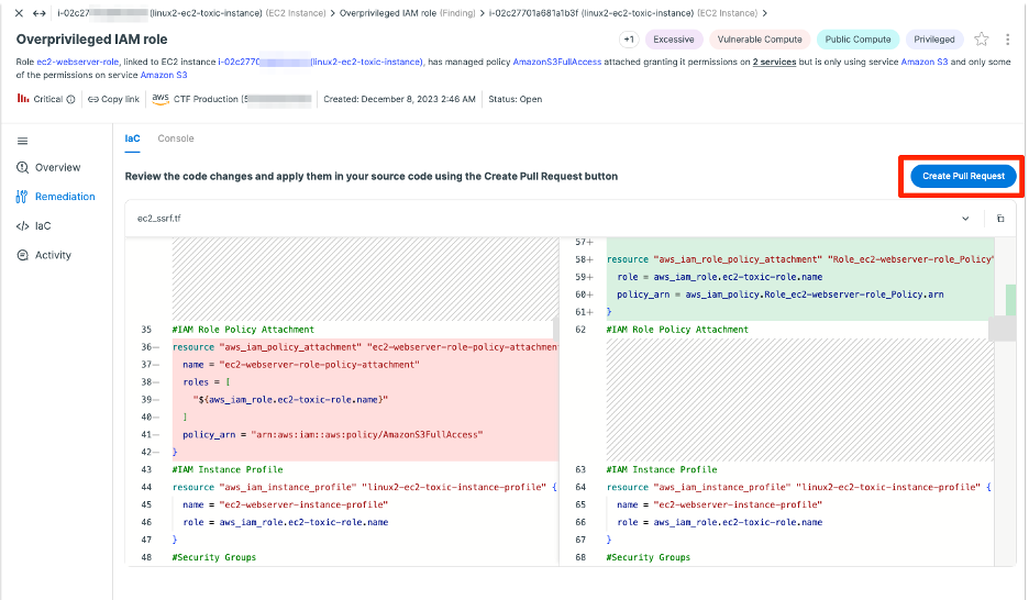 Triggering the creation of a pull request from the Tenable Cloud Security console